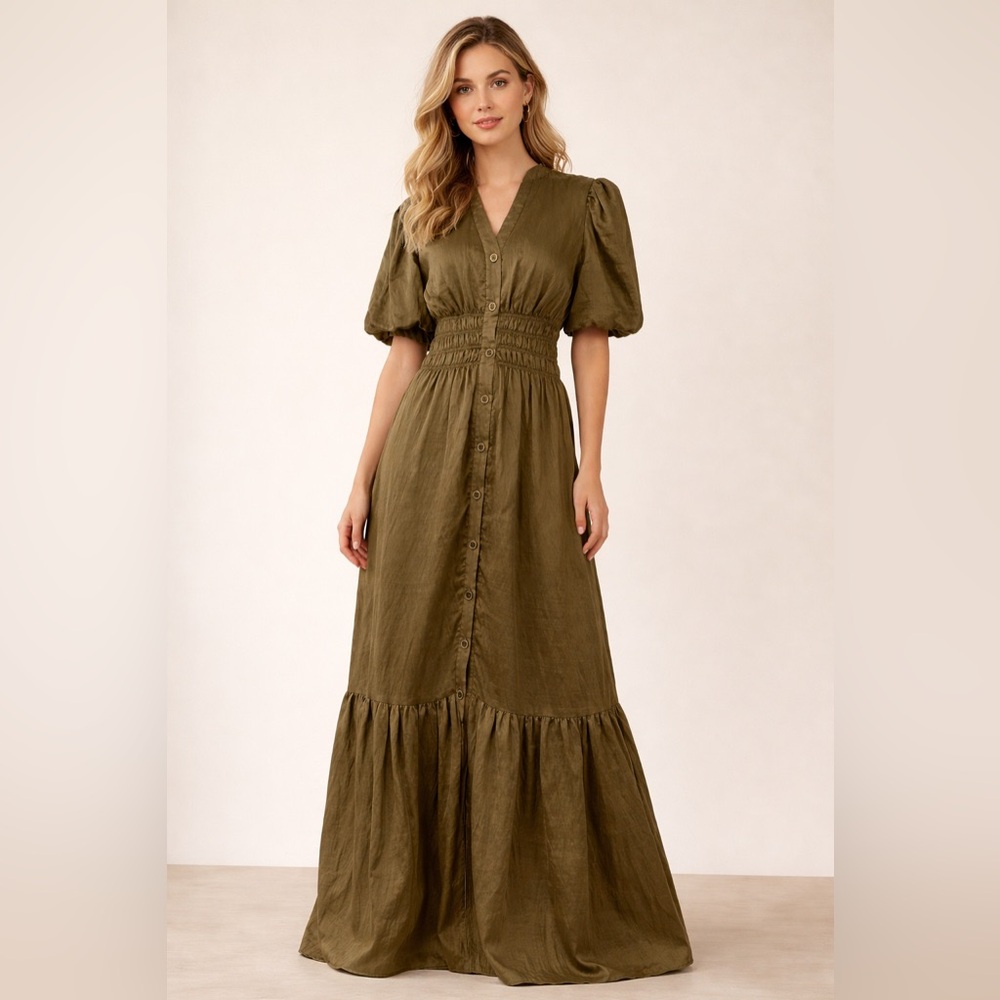 Zarr Collection Olive Green Maxi Women’s Dress Button Front Puff Sleeves Size 6 - Picture 1 of 7